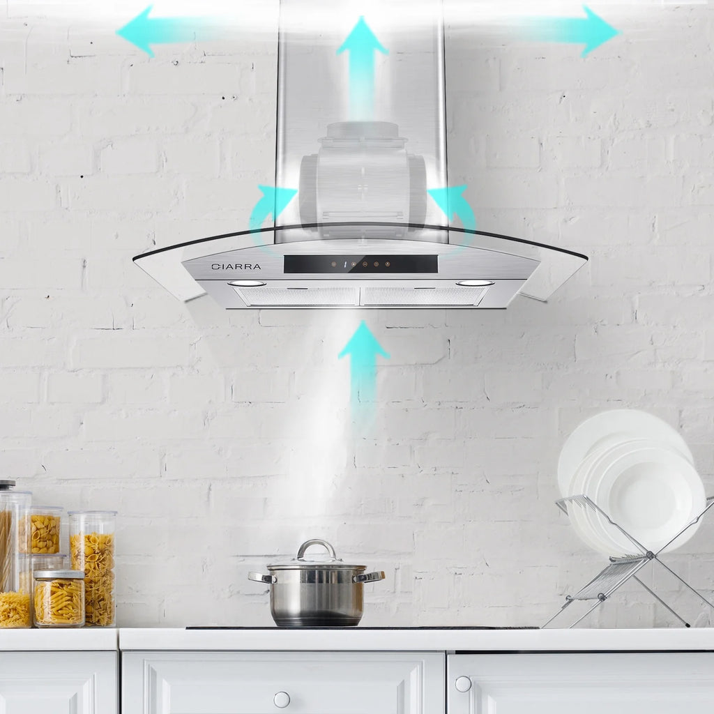 CIARRA Wall Mount Range Hood 30 inch with Tempered Glass 450 CFM Kitchen Vent Hood Ductless Ducted Convertible CAS50275
