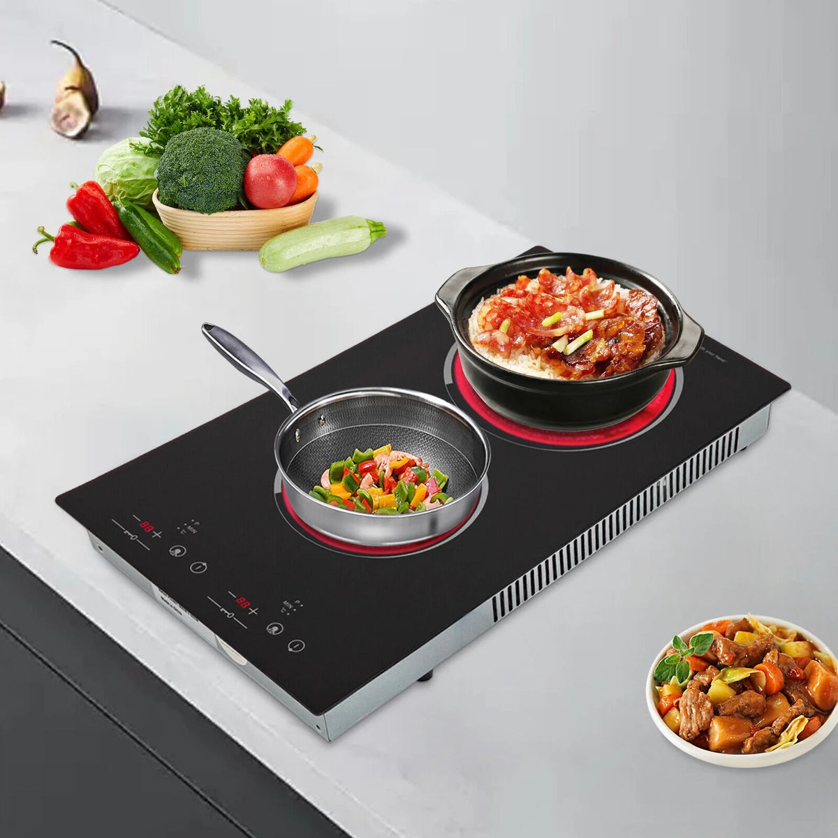 Home Electric 110V Ceramic Stove Cooktop Sensor Touch Control 2 Burners with Plug,Black,20.08x11.34in,Modern Style