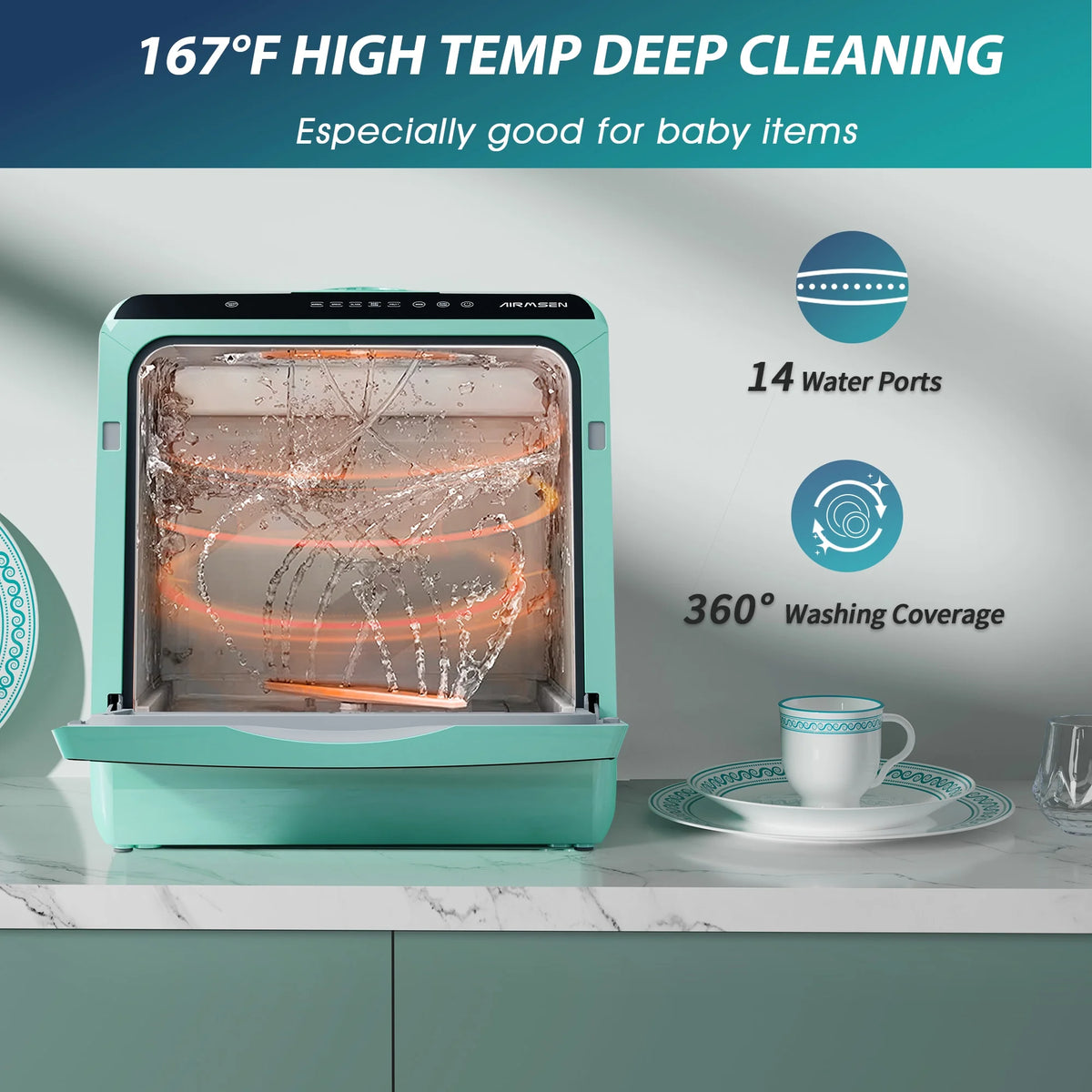 AIRMSEN Portable Countertop Dishwasher with 5-Liter Built-in Water Tank and Air-Dry Function, 5 Washing Programs Mini Dishwasher, AE-TDQR03