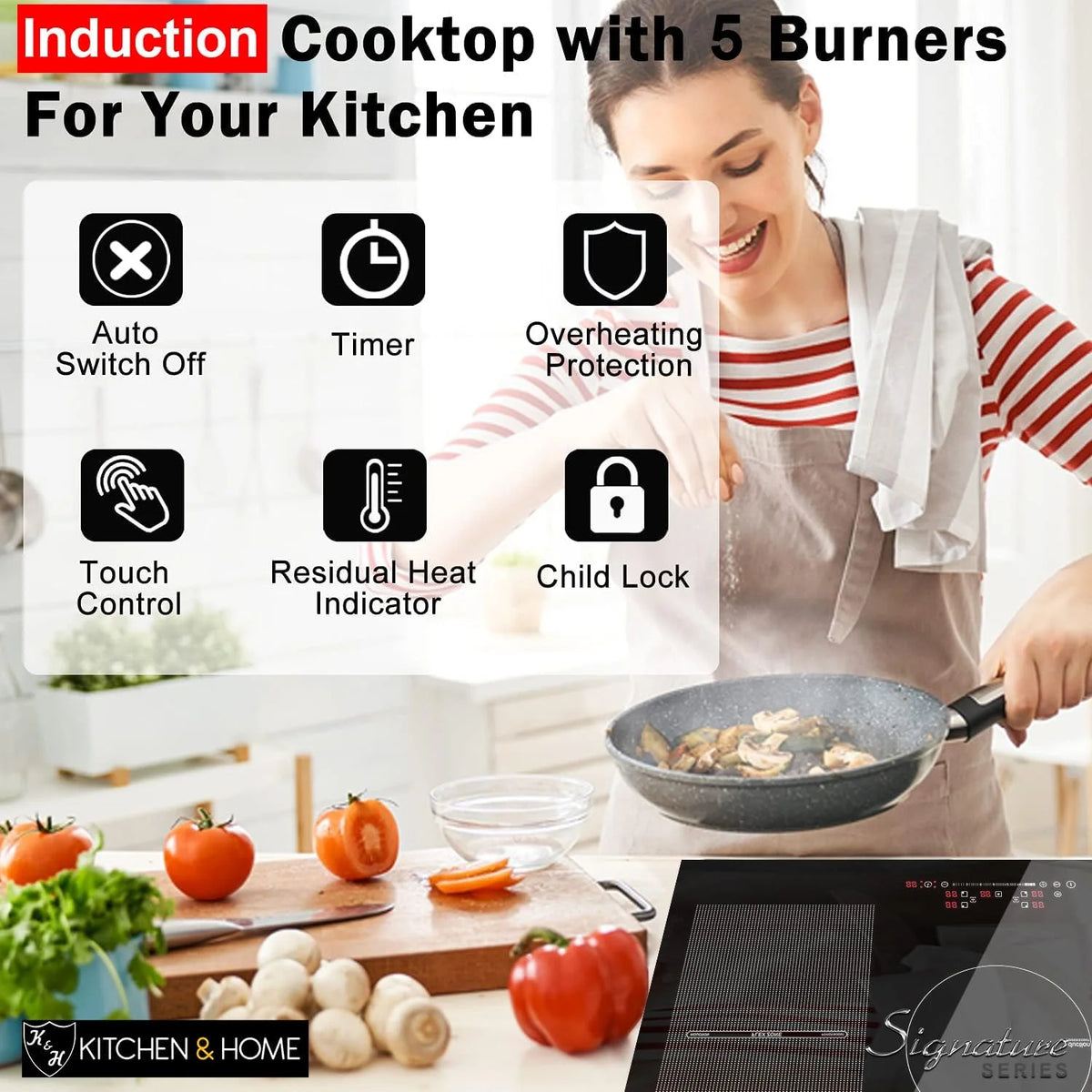 K&H SIGNATURE SERIES 5 Burner 36 Inch Built-in Induction FLEX Electric Stove Top Ceramic Cooktop SLIDER Touch Control 240V 9400W IN36-9400FLX