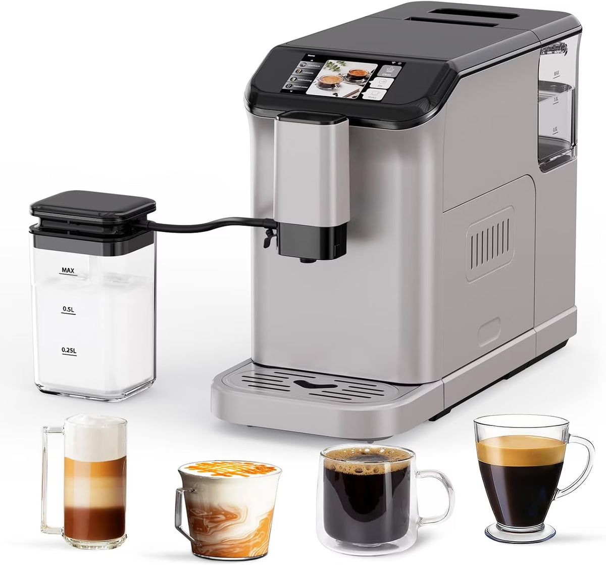 Full Automatic Espresso Machine with Built-In Grinder & Milk Frother - FTF Touchscreen Coffee Maker for Latte/Cappuccino, 20 Bar Pressur & 1.5L Water Tank, 1350W, Grey