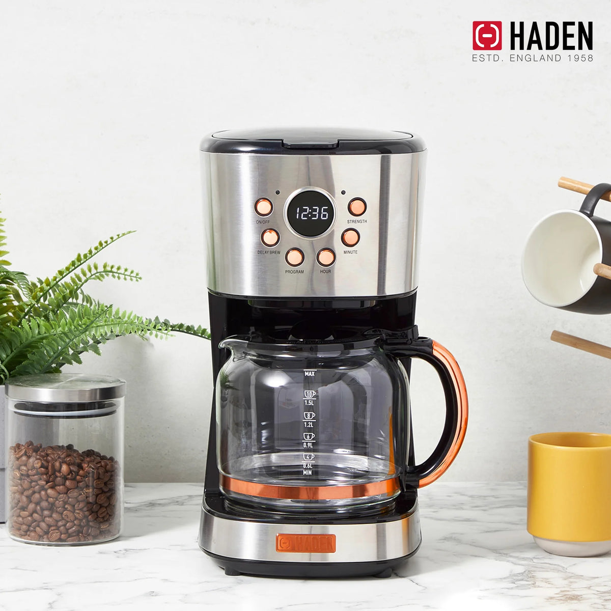 Haden Coffee Maker & Heritage 1.7 Liter Electric Kettle, Black & Chrome