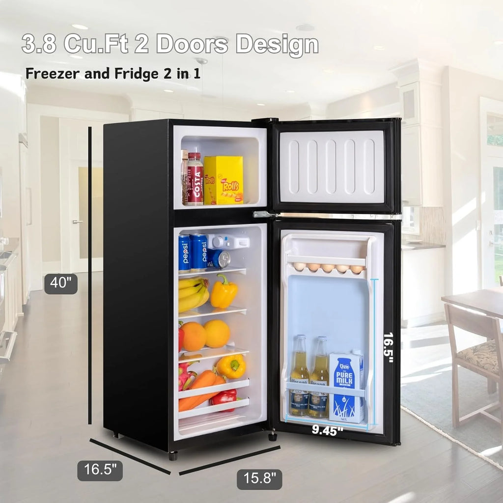 GGTB 3.5 Cu.Ft Fridge with Freezer, Double Door Refrigerator with 6 Level Thermostat, LED Light, Adjustable Glass Shelves for Bedroom, Office, Dorm, Apartment, Silver