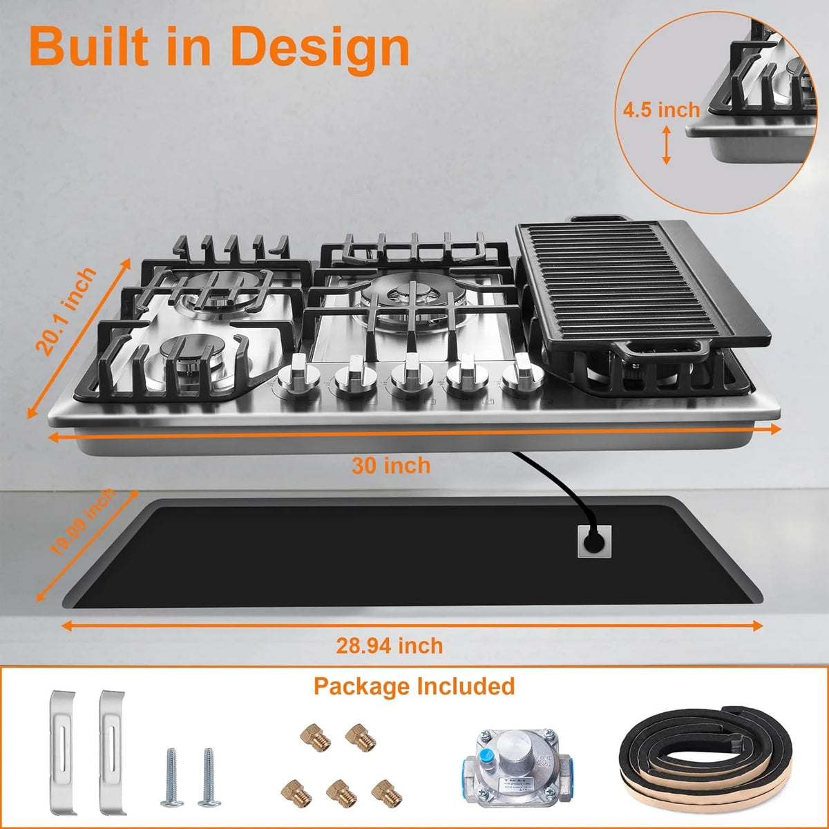 30 Inch Bulit-In Gas Cooktop with Griddle, 5 Italy SABAF Powerful Burners Over 92% High Efficiency, Max 48300BTU Gas Stove Top, 304 Stainless Steel Panel, NG/LPG Convertible, CSA Certified