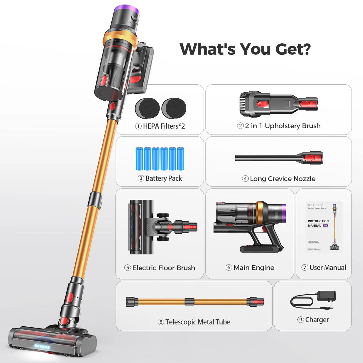 ORFELD Cordless Vacuum Cleaner, Lightweight 35KPa Stick Vacuum for Carpet Floor and Pet Hair