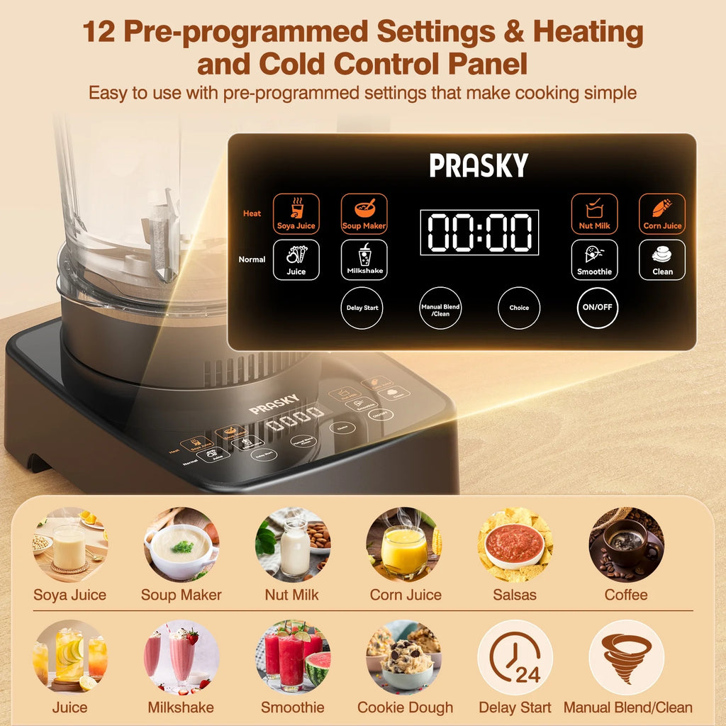 PRASKY Countertop Blender with Heating, 53oz Glass Jar, Nut Milk Maker, Homemade Soy, Soup, Ice, Multifunction Blender for Kitchen with Portable Metal Insulated Cup (Black)