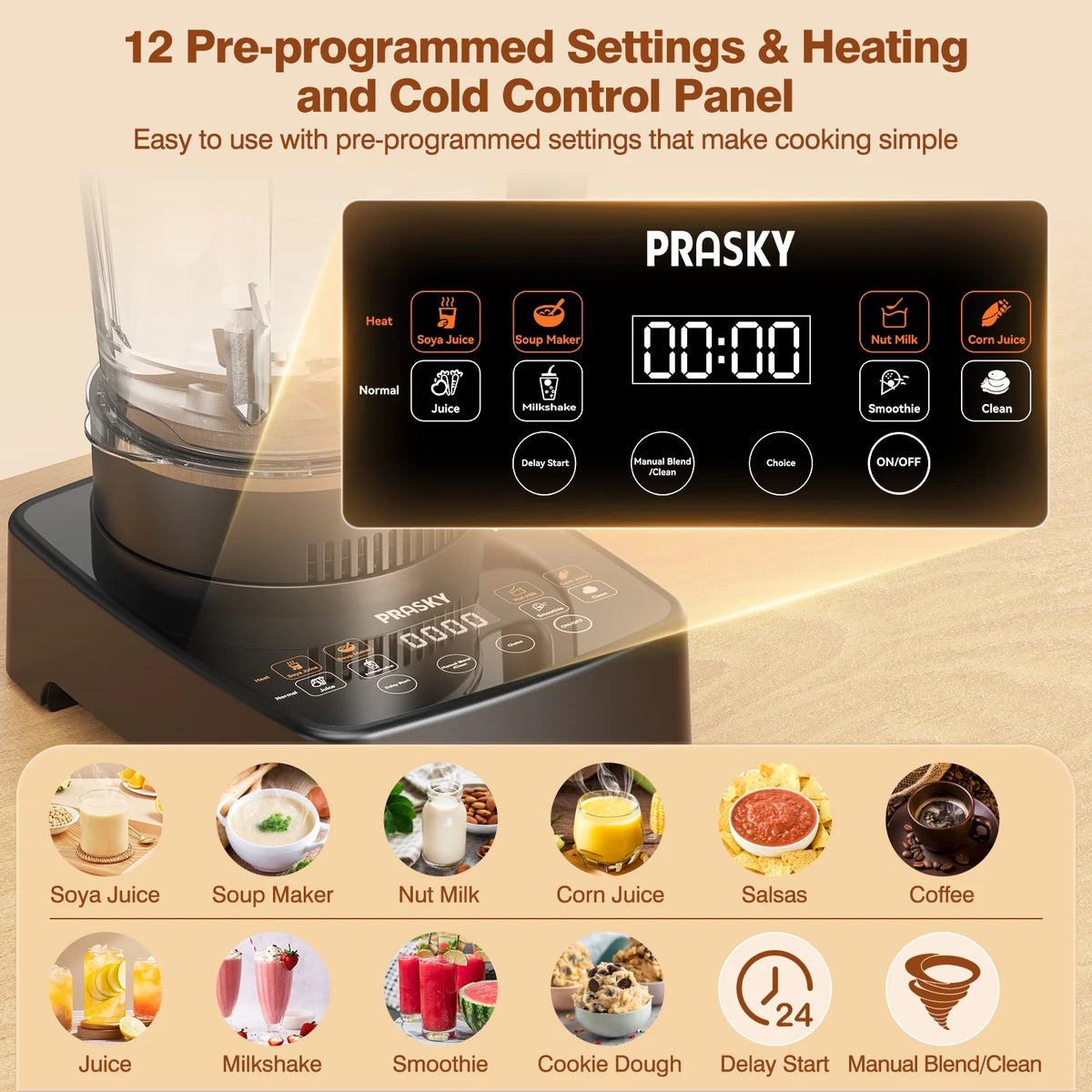 PRASKY Countertop Blender with Heating, 53oz Glass Jar, Nut Milk Maker, Homemade Soy, Soup, Ice, Multifunction Blender for Kitchen with Portable Metal Insulated Cup (Black)