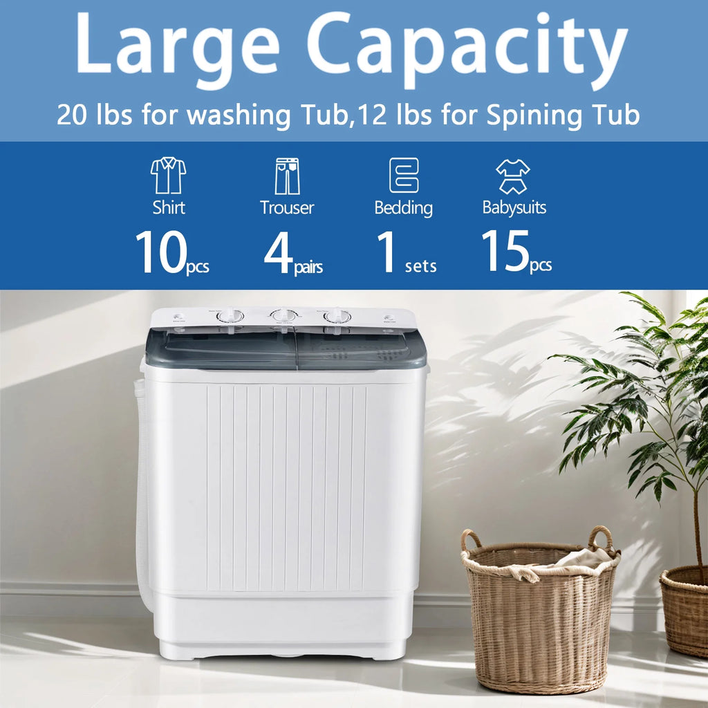 Dimedeal Portable 18lbs Twin Tub Mini Washing Machine, 11lbs Washer & 7lbs Spinner with Drying Rack & Hangers