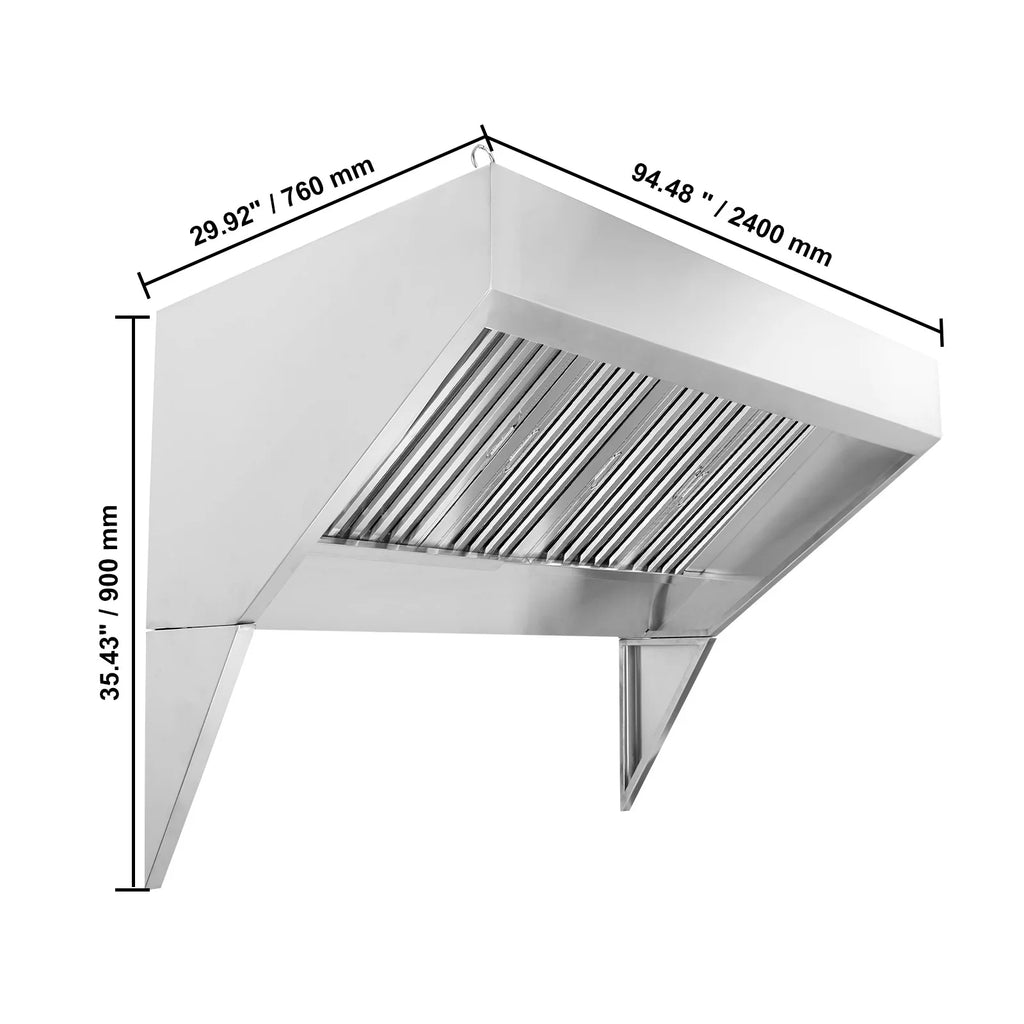 KFFKFF 8FT Range Hood, Stainless Steel Commercial Exhaust Hood, with Rust-Proof Construction and 4 Removable U-shaped Oil Filtration Meshes, Designed for Food Trucks and Concession Trailers
