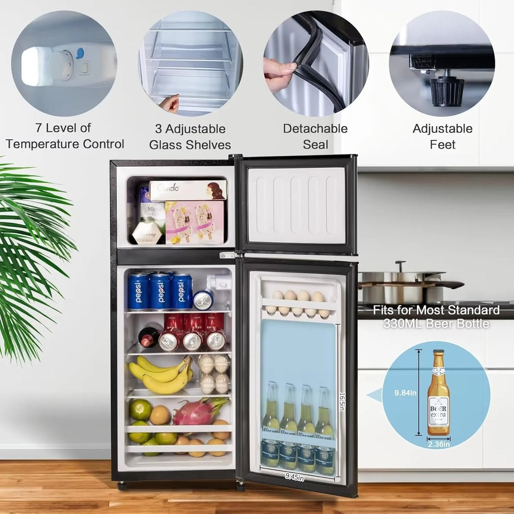 GGTB 3.5 Cu.Ft Fridge with Freezer, Double Door Refrigerator with 6 Level Thermostat, LED Light, Adjustable Glass Shelves for Bedroom, Office, Dorm, Apartment, Silver