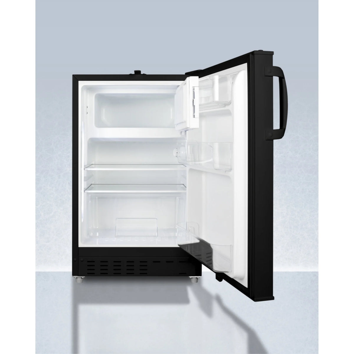 20" wide built-in undercounter ADA compliant refrigerator-freezer in black with a front lock