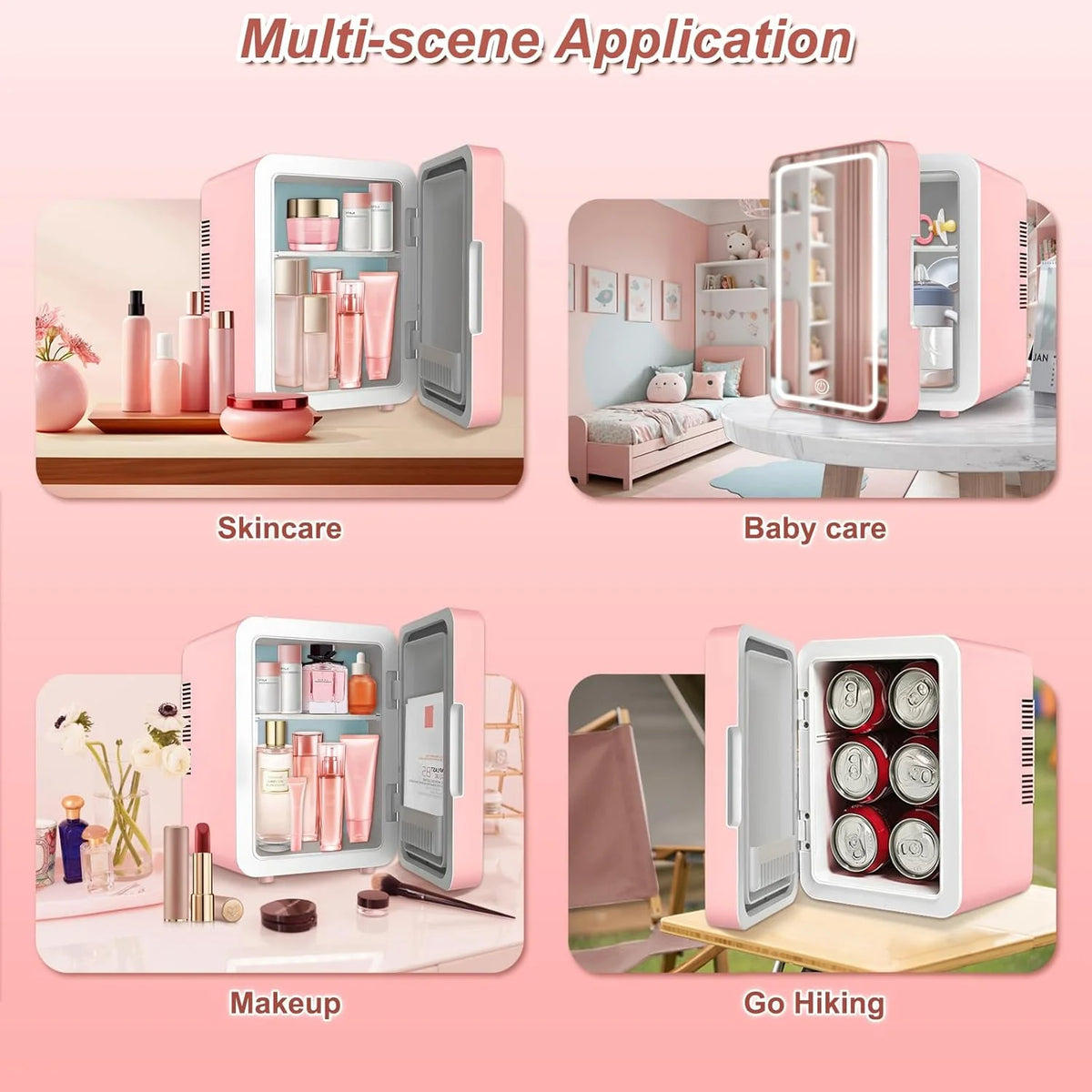 Mini Fridge for Bedroom, Skincare Fridge With Dimmable LED Light Mirror,4L Makeup Mini Fridge,Cooler & Warmer,Compact Small Refrigerator,for Bedroom, Car,For Cosmetics, Skincare And Food,Pink