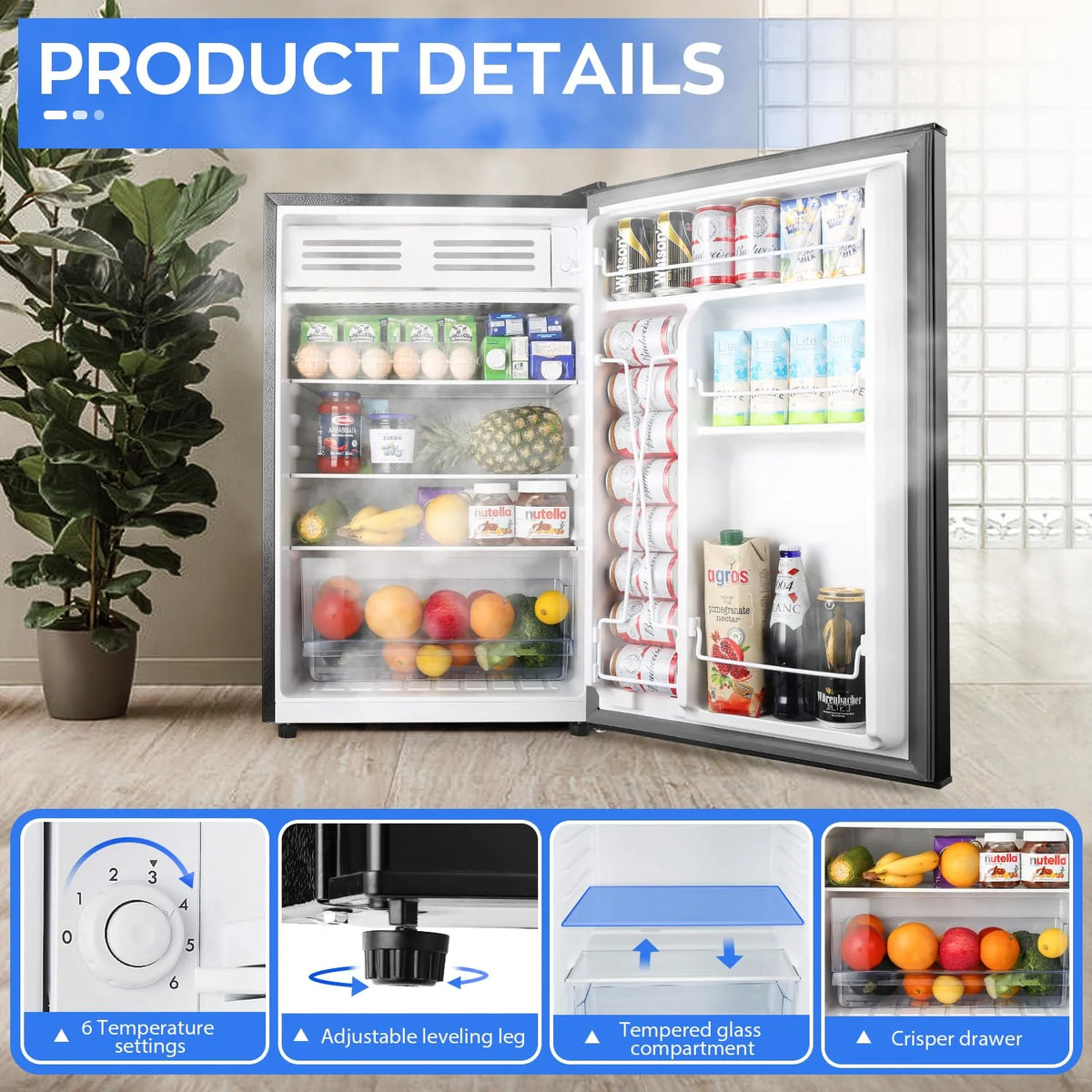 Upstreman 4.5 Cu. Ft. Compact Refrigerator with Freezer, Single Door Mini Fridge Small Refrigerator, 3 Removable Glass Shelves, Adjustable Thermostat, Black FR45
