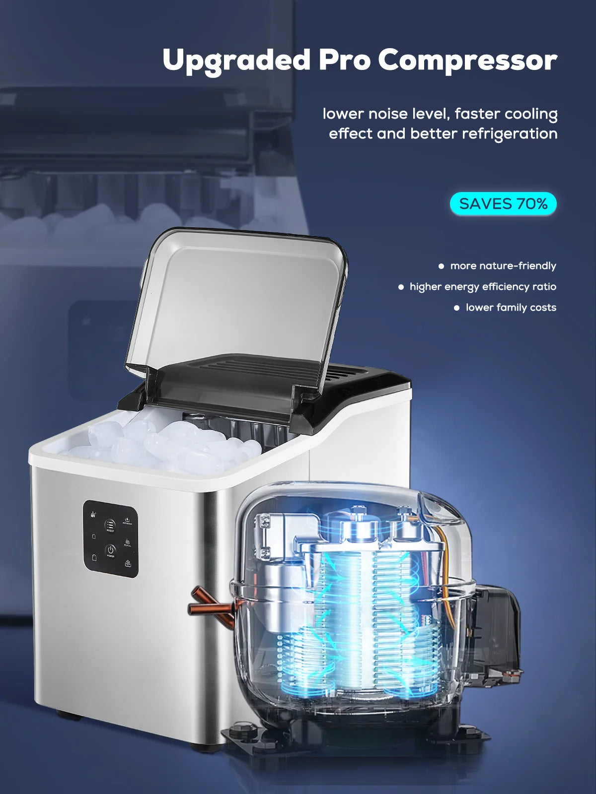 FOHERE Ice Maker Countertop 2 Sizes, 28lbs in 24h, 9 Bullet Ice in 6M, Selfclean, Stainless Steel