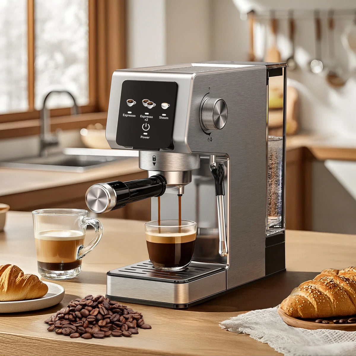 Espresso Machine 20 Bar, Rapid Cold Brew, Stainless Steel Coffee Machine with 40oz Removable Water Tank for Cappuccino, Latte, Silver