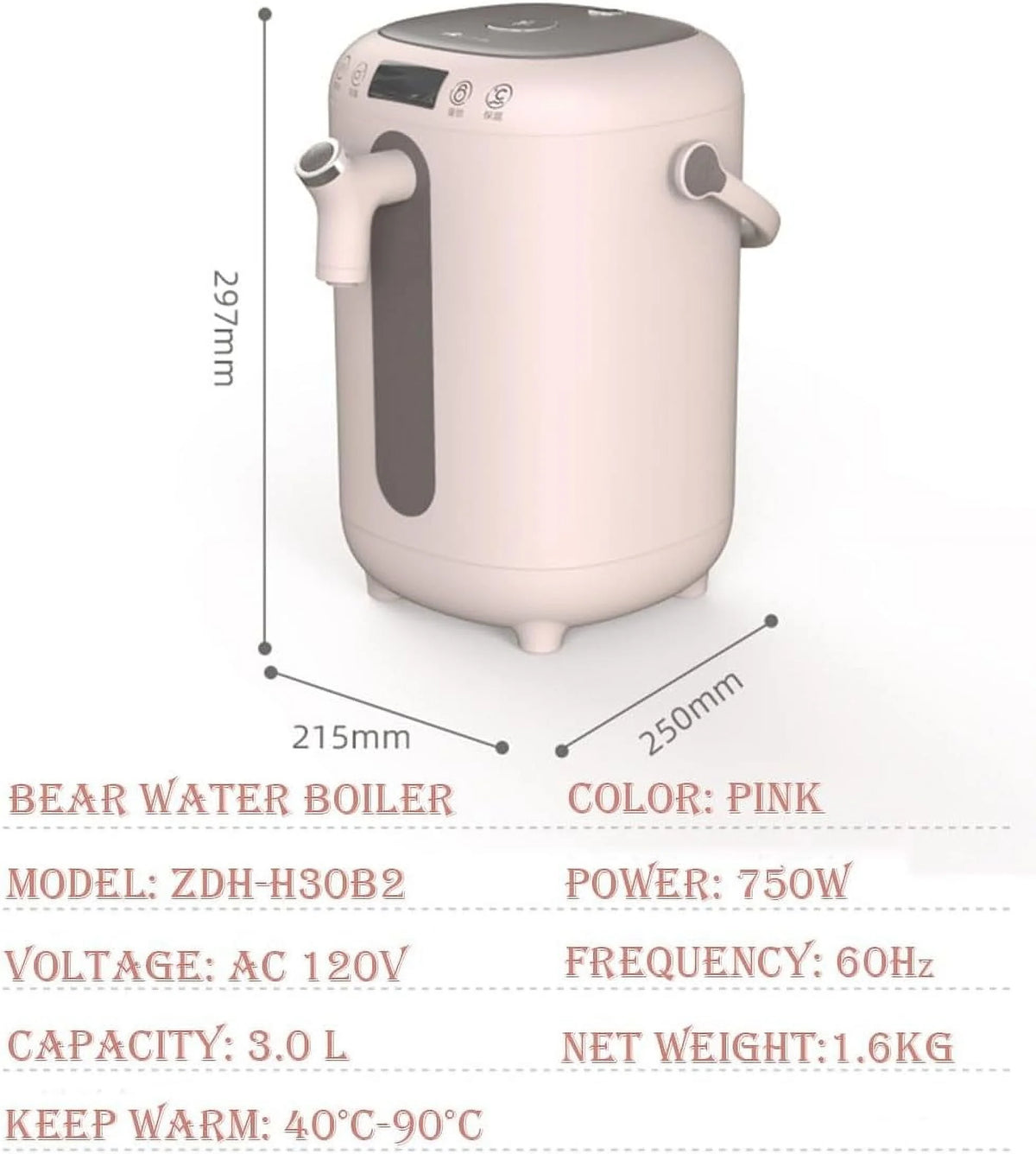 Bear Water Boiler, Electric Hot Water Pot, Safety Lock, Instant Heating for Coffee & Tea, Auto-Shutoff & Boil Dry Protection, 3.0L, Pink