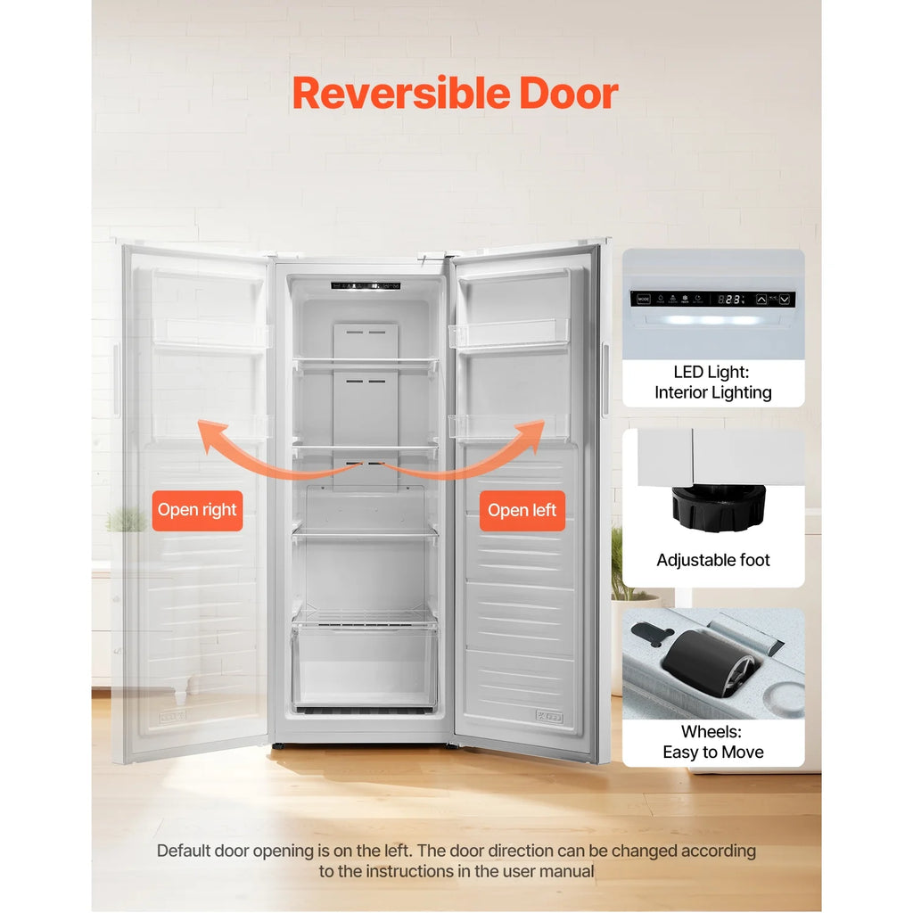 KFFKFF Convertible Upright Freezer/Refrigerator, 11 Cu.Ft Frost-Free Unit with Temperature Control, Reversible Door, Adjustable Shelves, and LED Lighting for Home, Office, or Garage