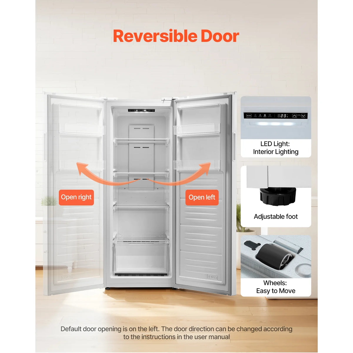 KFFKFF Convertible Upright Freezer/Refrigerator, 11 Cu.Ft Frost-Free Unit with Temperature Control, Reversible Door, Adjustable Shelves, and LED Lighting for Home, Office, or Garage