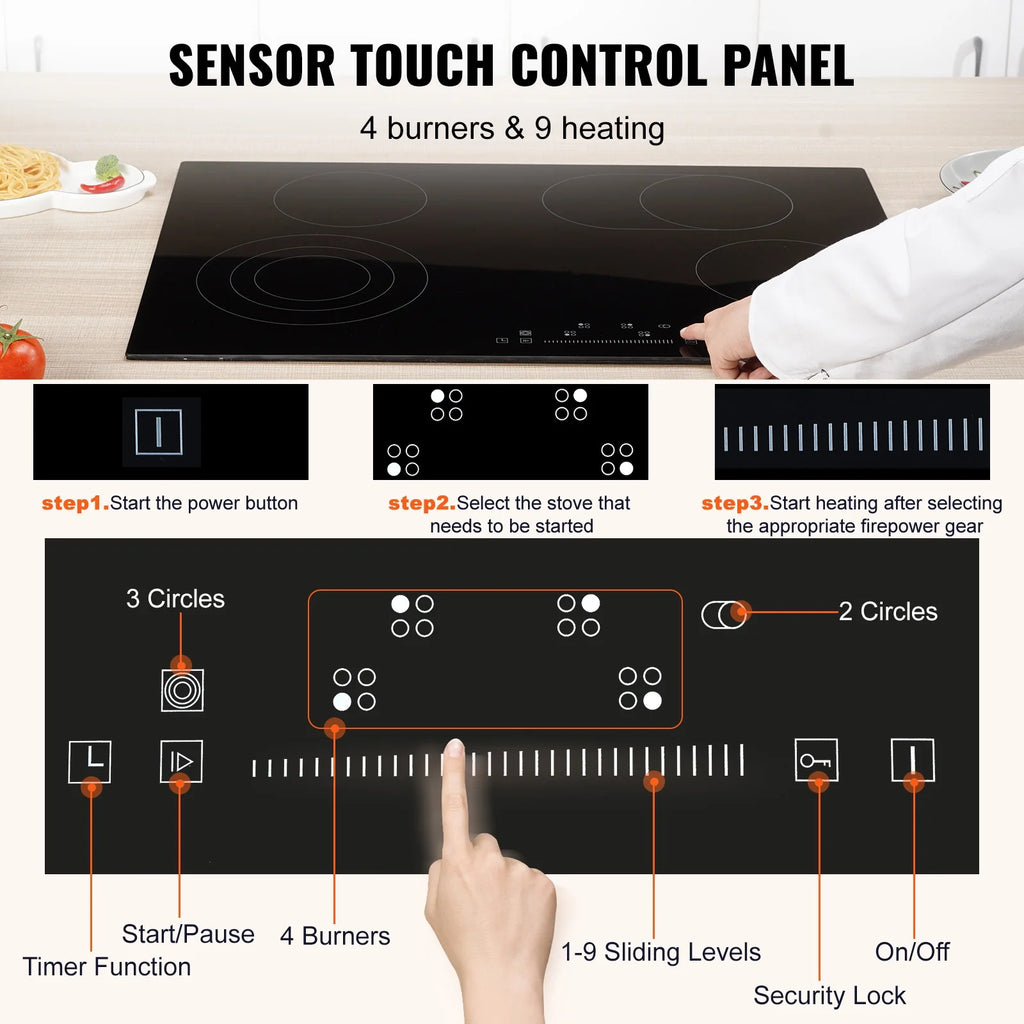 KFFKFF 7200W Electric Ceramic Cooktop, 30" 4 Burners Built-in Countertop Burners Cooker Touch Sensor Control, Overheat Protection, Child Lock, 220-240V (NO Plug)