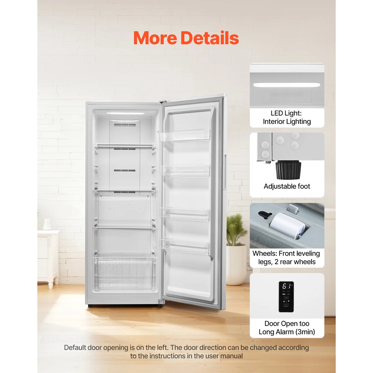 KFFKFF Convertible Upright Freezer/Refrigerator, 14 Cu.Ft Frost-Free Unit with Temperature Control, Door Alarm, Adjustable Shelves, and LED Lighting for Kitchen, Office, or Garage Use
