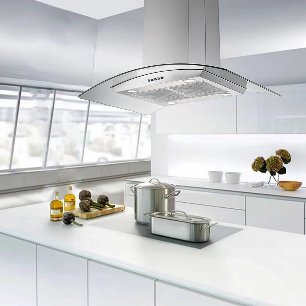 Tieasy Island Range Hood 36 inch Kitchen 3 Speed Extractor Fan Aluminum Filter Tempered Glass