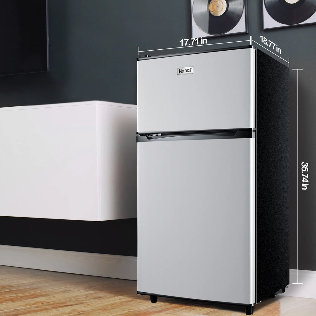 WANAI Two-Door Mini Fridge with Freezer, Silvery, 3.5 Cu ft