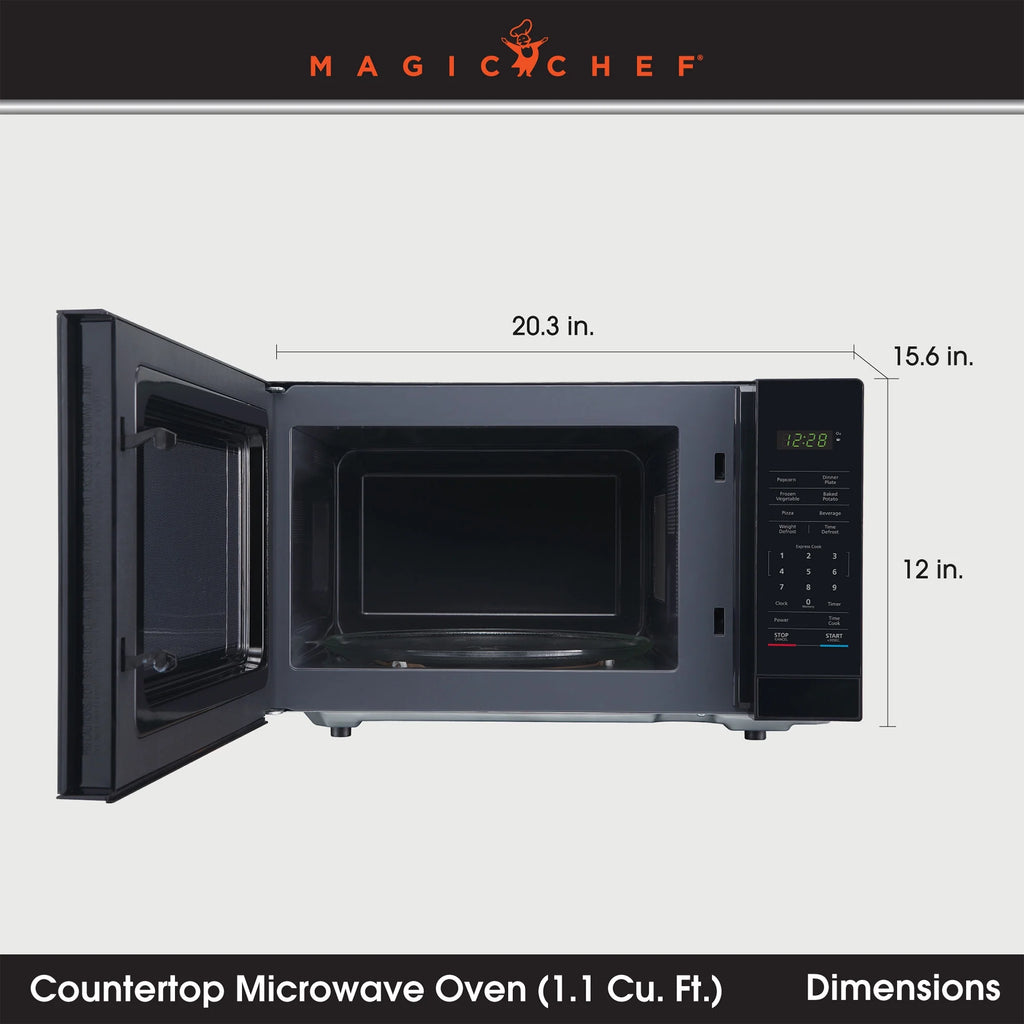 Magic Chef 1.6 Cu. ft. 1100W Countertop Microwave Oven with Push-Button Door in Black, New