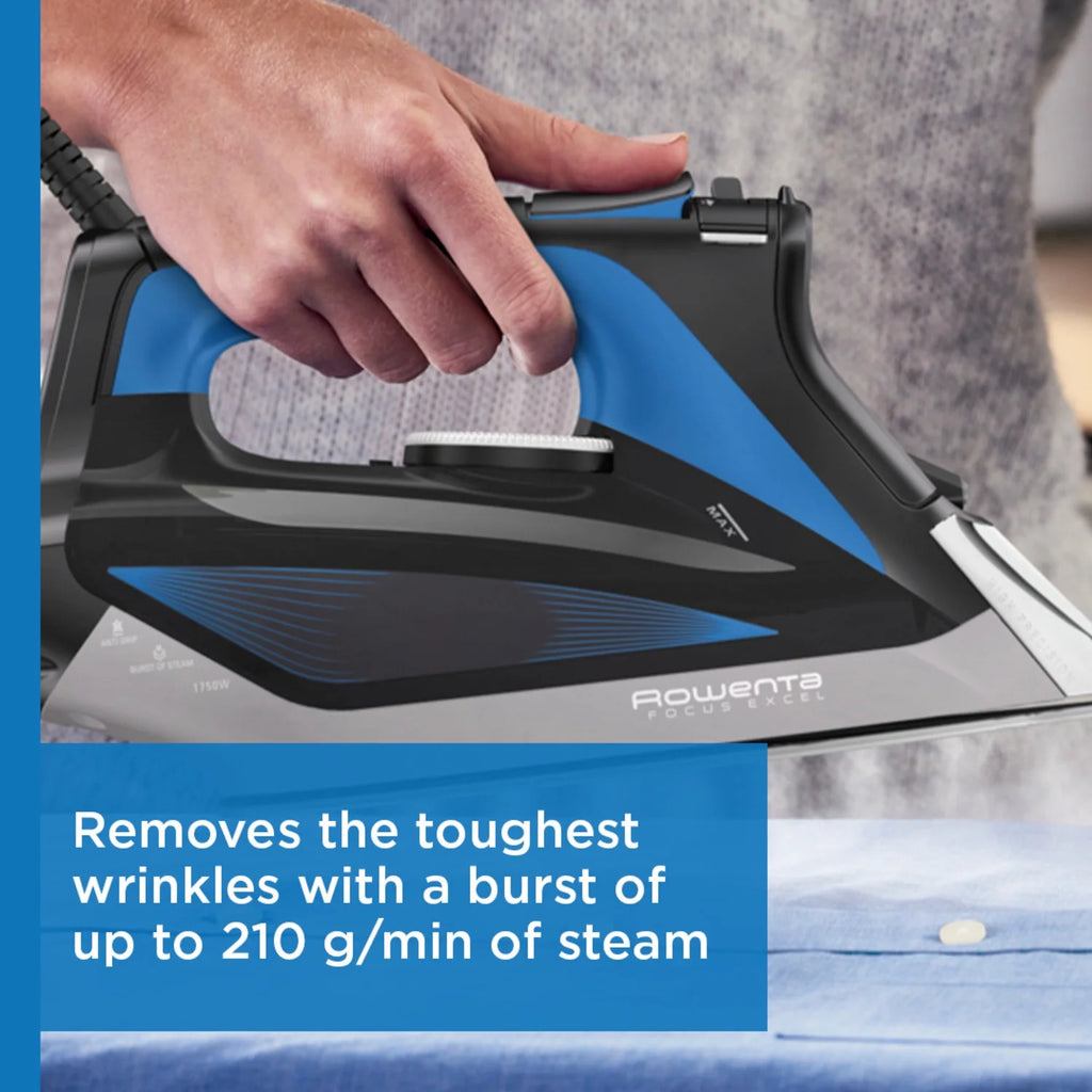 Rowenta Focus Excel Steam Iron for Clothes, Stainless Steel Soleplate, 1750 Watts, Black & Blue, DW5280