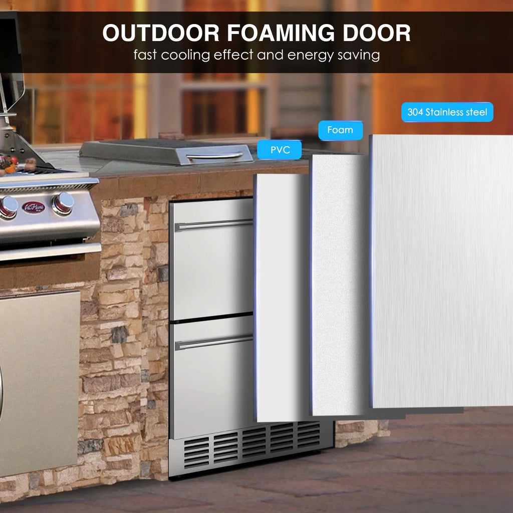 QAUSOU 24 Inch Under Counter Double Drawer Fridge, Weather Proof Stainless Steel Outdoor Beverage Refrigerator for Patio