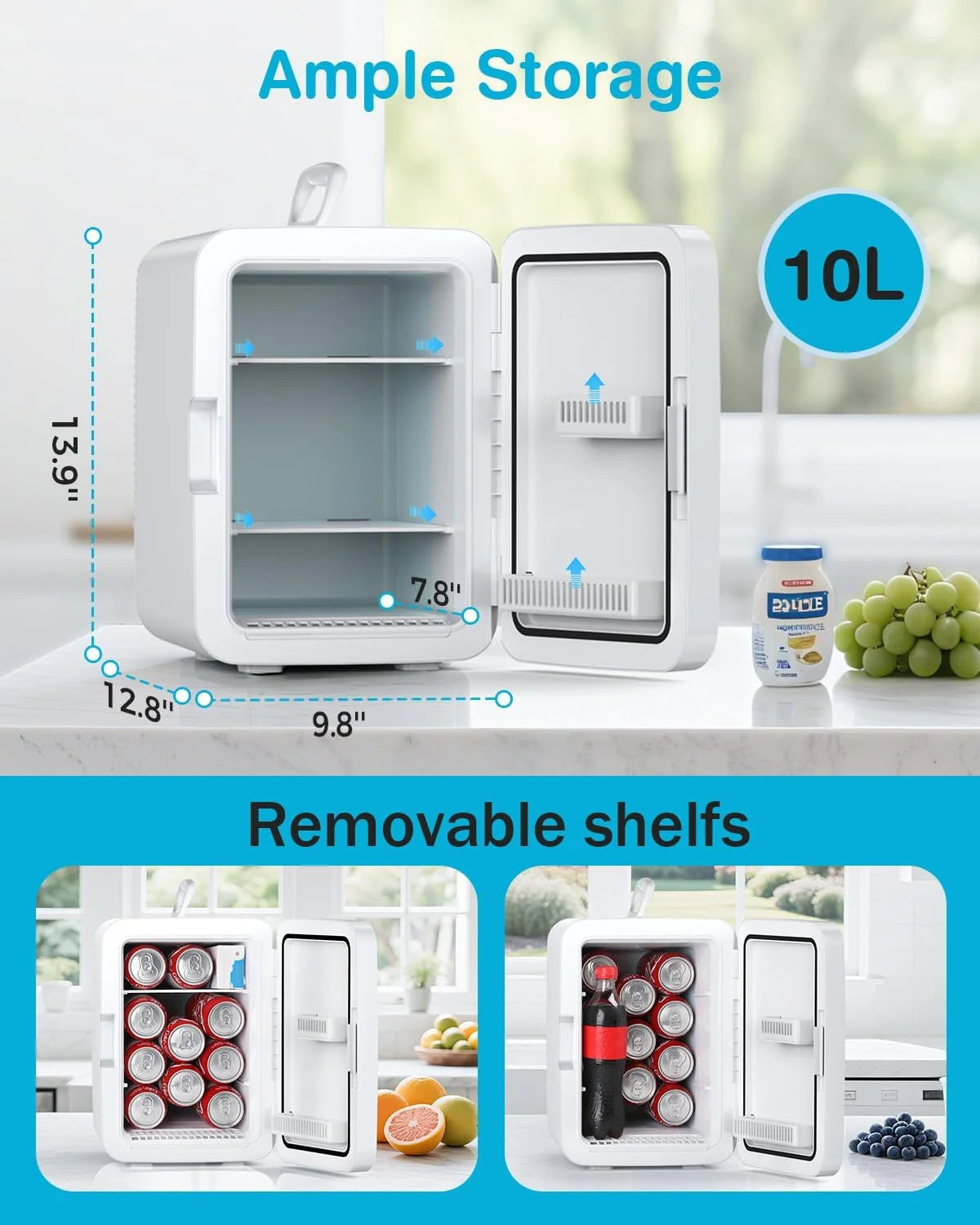 Compact Mini Fridge, 10L Portable Small Refrigerator, 2.6 Gal Mini Fridge with AC/DC Adapters, Small Cosmetics Cooler for Beverage, Food, Makeup, Bedroom, Office, Dorm,