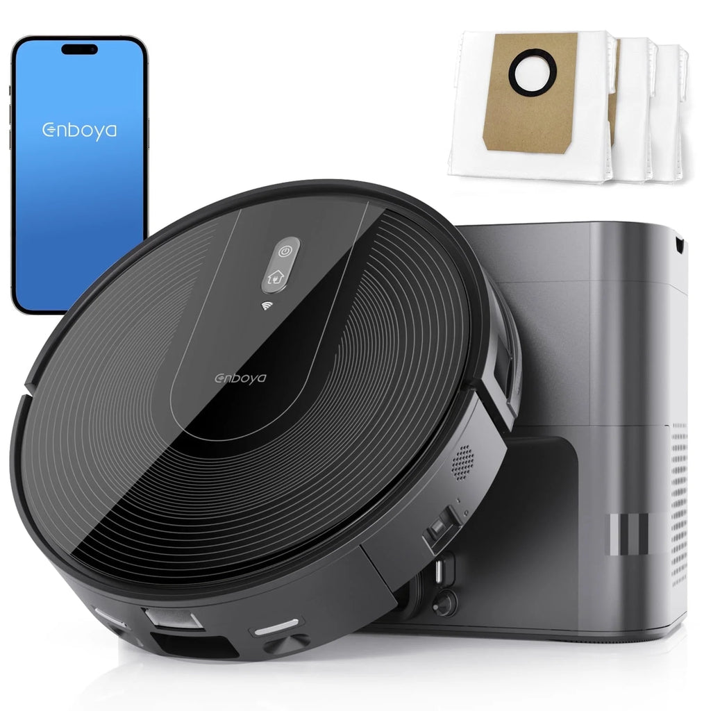 Enboya D60+ Robot Vacuum Cleaner - Self-Emptying Base, 9000Pa Suction, Wi-Fi/App/Voice Control, Smart Vacuum