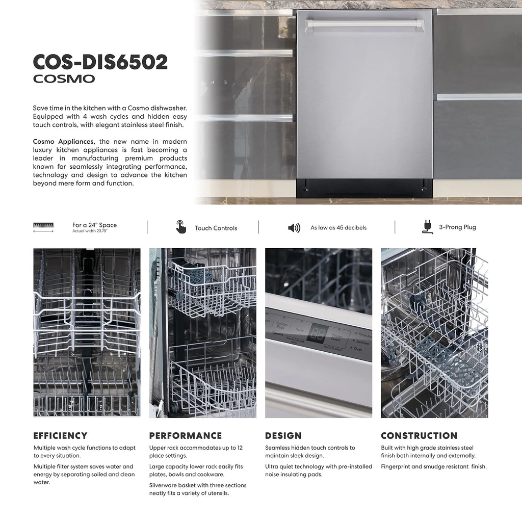 Cosmo COS-DIS6502 24 in. Top Control Built-In Tall Tub Dishwasher in Fingerprint Resistant Stainless Steel