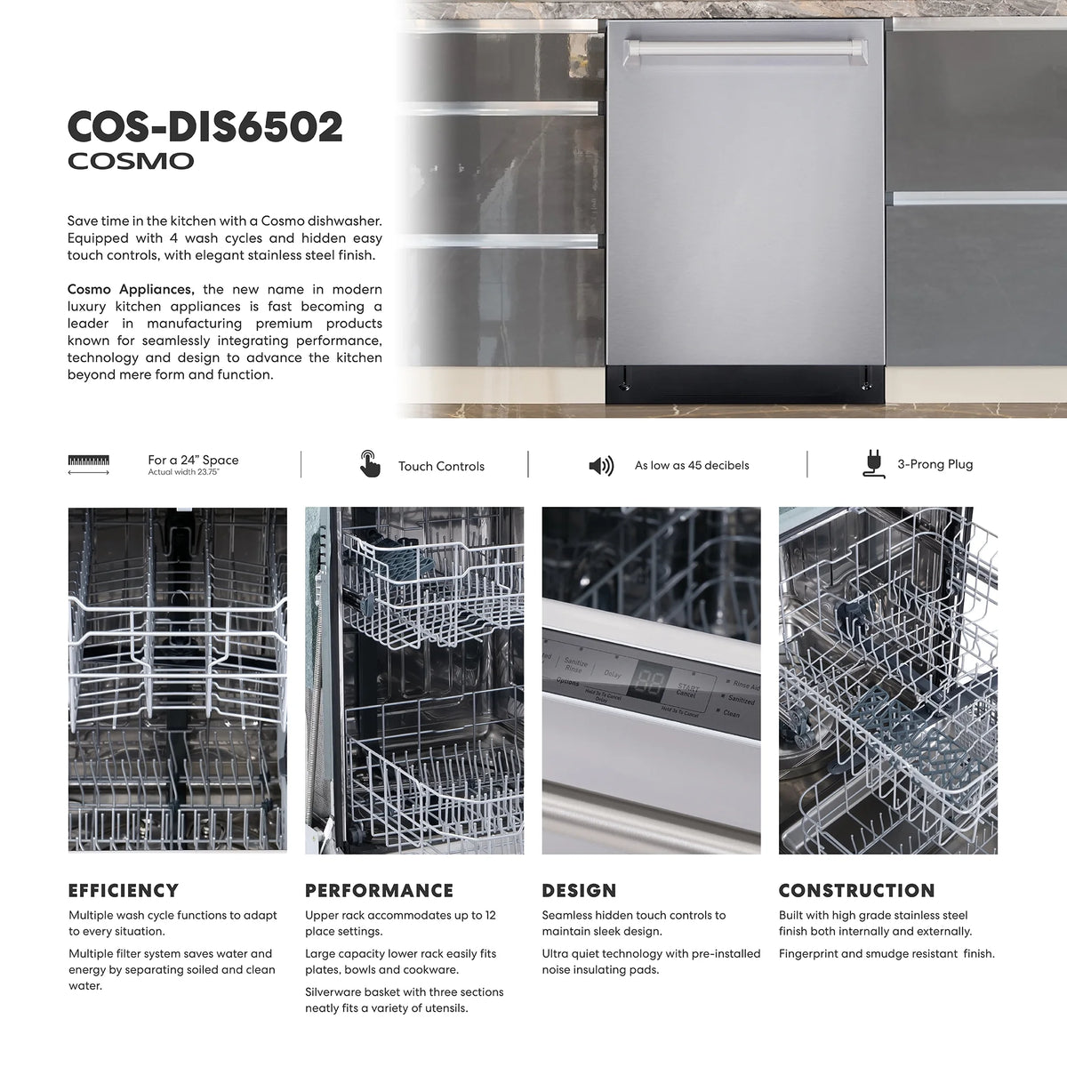 Cosmo COS-DIS6502 24 in. Top Control Built-In Tall Tub Dishwasher in Fingerprint Resistant Stainless Steel