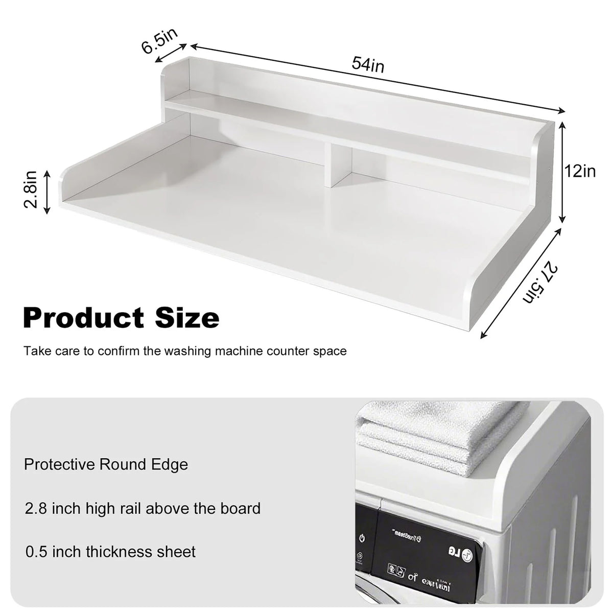 S-HOME Large Space 2-Tier Washer and Dryer Countertop with 2.75 Inch H Guard, 54 Inch W x 27.5 Inch D Topper for Laundry Room