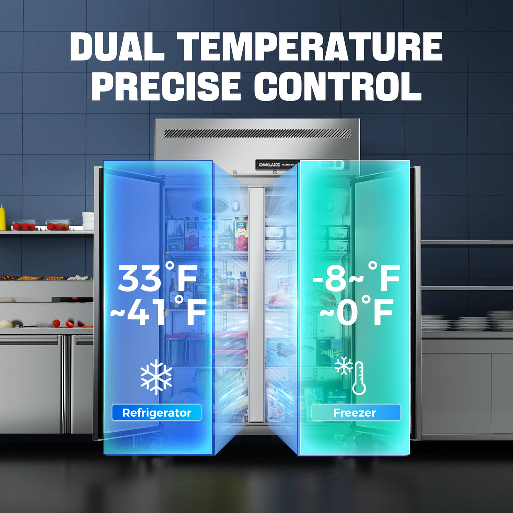 Coolake Commercial Refrigerator And Freezer Combo, 48" W Dual Temperature Zones, 36 Cu.ft 2 Door