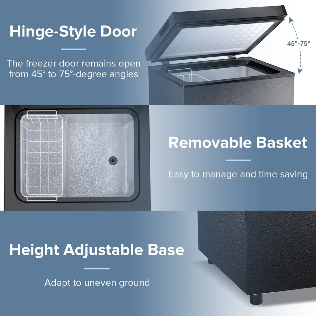 LHRIVER Mini Freezer Chest 3.5 cu ft, Deep Freezer & Side Handle, Compact Freezer with 7 Gear Adjustable Temperature, Removable Storage Basket, Black