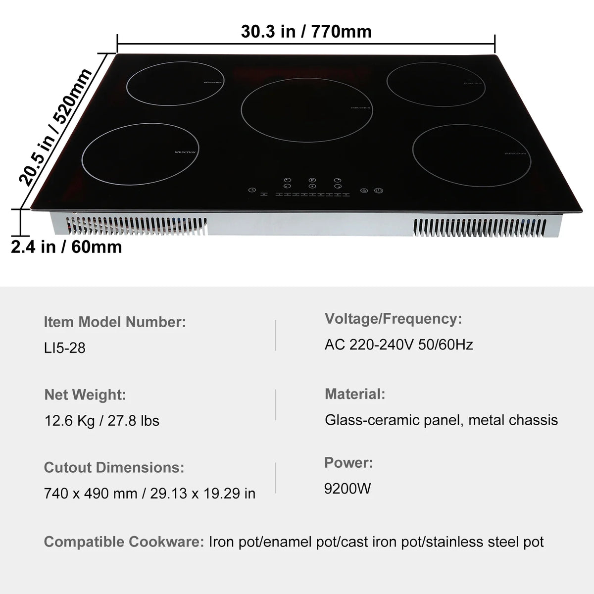KFFKFF Induction Cooktop, 5 Heating Elements, 30'' Electric Stove, Integrated Magnetic Cooktop 9200W, 9 Heat Settings, LED Touch Display with Child Safety Lock & Overheat Protection