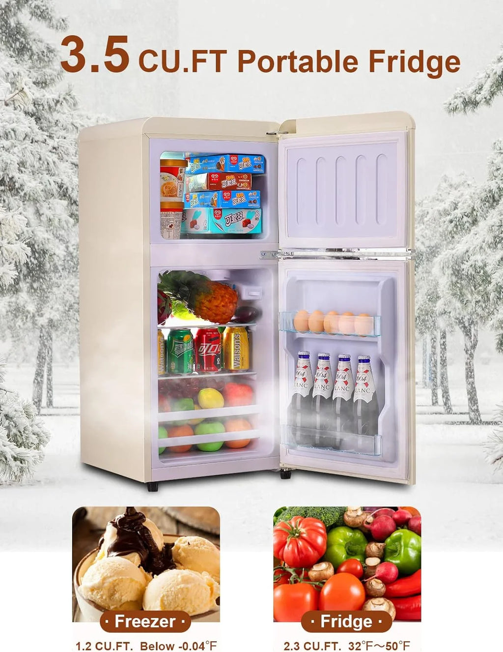 KRIB BLING 3.2 Cubic Feet Double Door Mini Fridge with Freezer, Mini Compact Refrigerator 2 Doors for Dorm, Office, Apartment, RV, Bedroom, Black