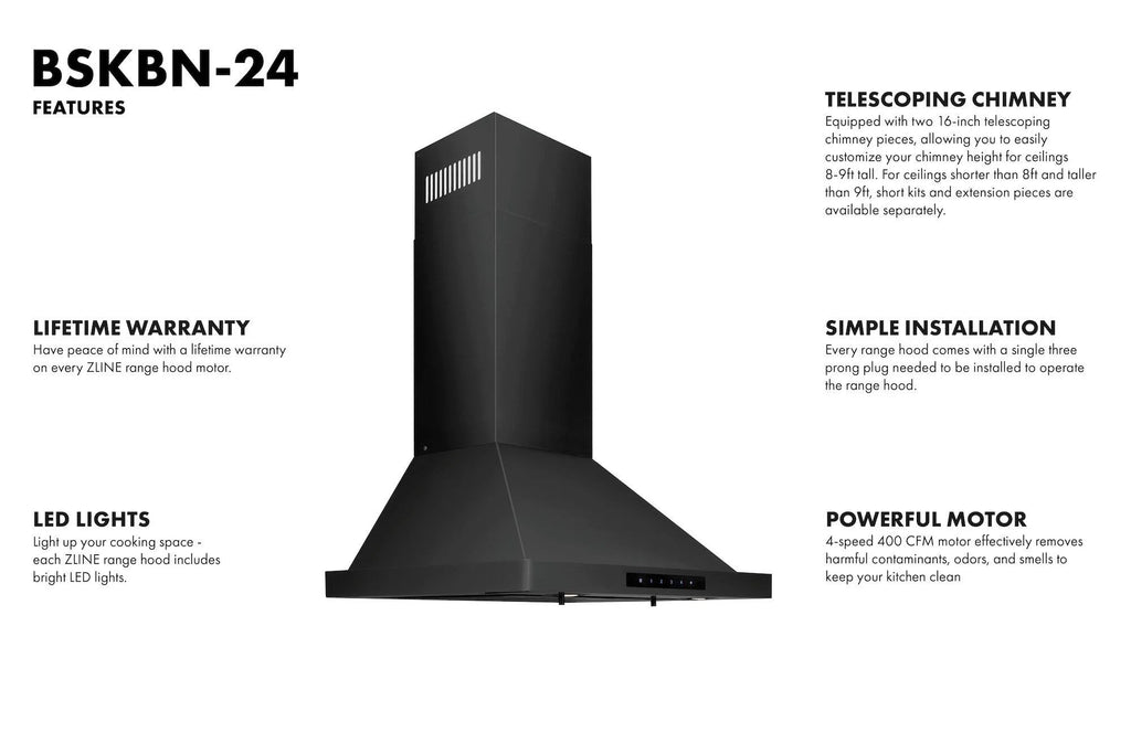 ZLINE 36 in. Wall Mount Range Hood in Black Stainless Steel (BSKBN-36)