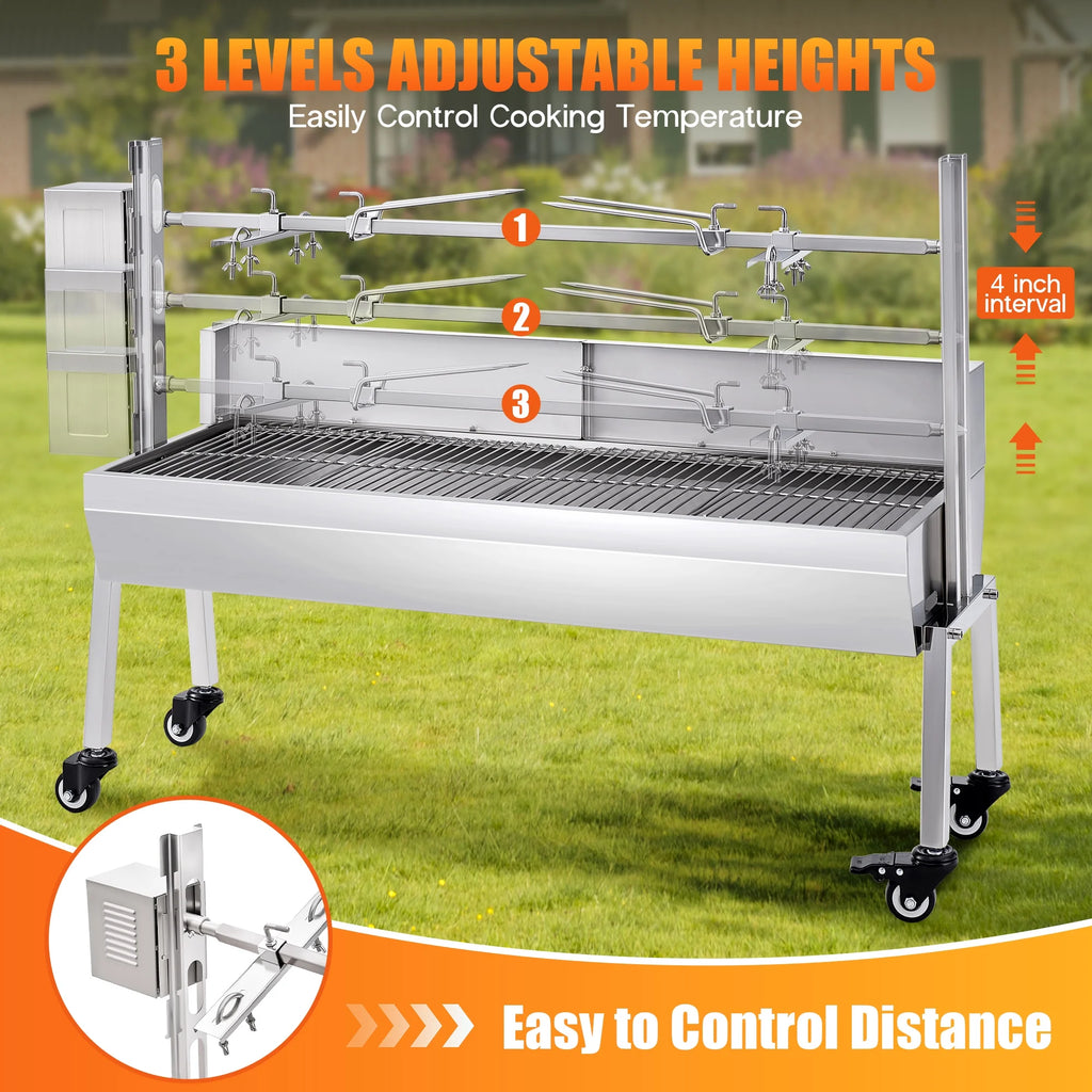 LUXOAK Electric BBQ Rotisserie Grill Kit, 46" 132 Lbs Capacity, 45W Motor, Height-Adjustable Stainless Steel Pig Roaster with Triangular Stability Support Stand for Pig Lamb