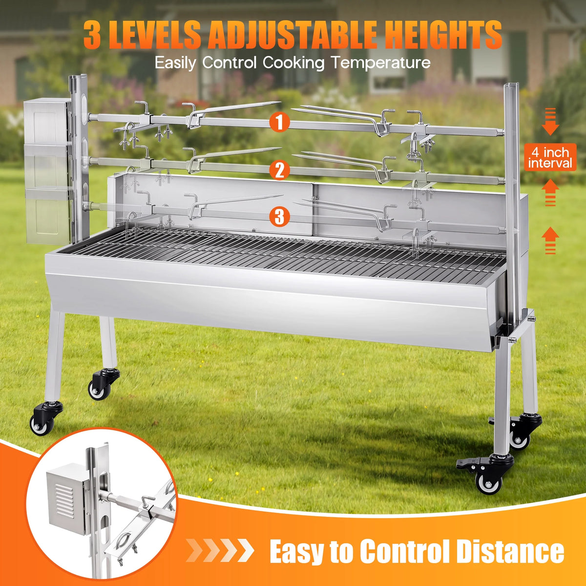 LUXOAK Electric BBQ Rotisserie Grill Kit, 46" 132 Lbs Capacity, 45W Motor, Height-Adjustable Stainless Steel Pig Roaster with Triangular Stability Support Stand for Pig Lamb