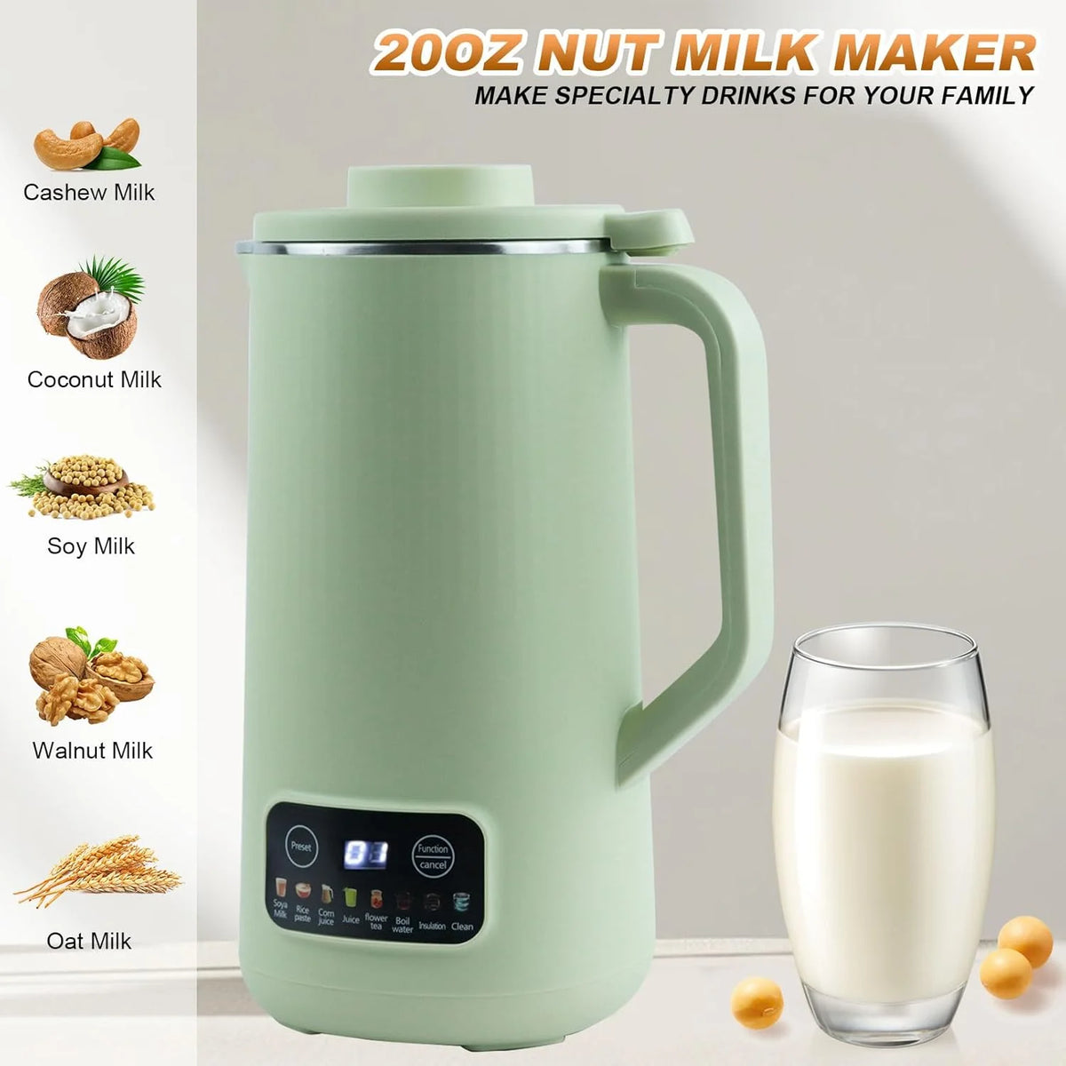 Nut Milk Maker Machine, 20 oz Automatic Milk Machine with 10 Blades, Plant-Based Milk, Oat, Soy, Dairy Beverages, Soy Milk Maker with 12 Hours Timer/Keep Warm/Auto-clean(White)