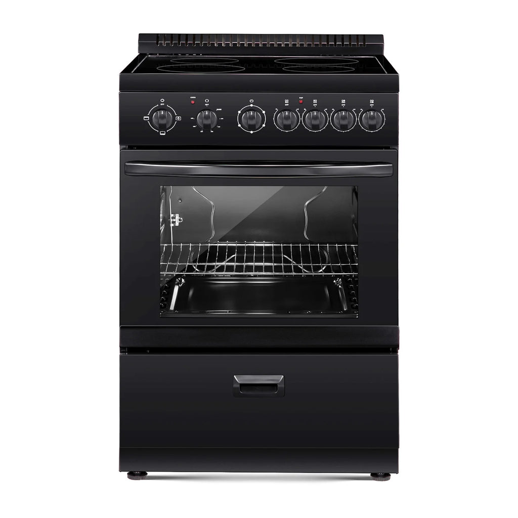 KFFKFF 24-inch Electric Range Oven, 2.7 Cu. Ft. Compact Freestanding Design, Stainless Steel Finish, Features 4 Burners, Adjustable Racks, Storage Drawer, Drip Pan, and Indicator Light, Black