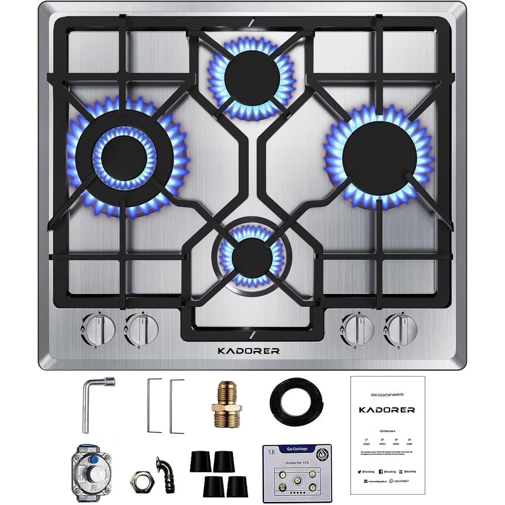 24 inch Gas Cooktop, Bulit-in Gas Stove Top with 4 Burner, NG/LPG Convertible Cooktops, Dual Burner Propane Cooktop with Thermocouple Protection, Stainless Steel