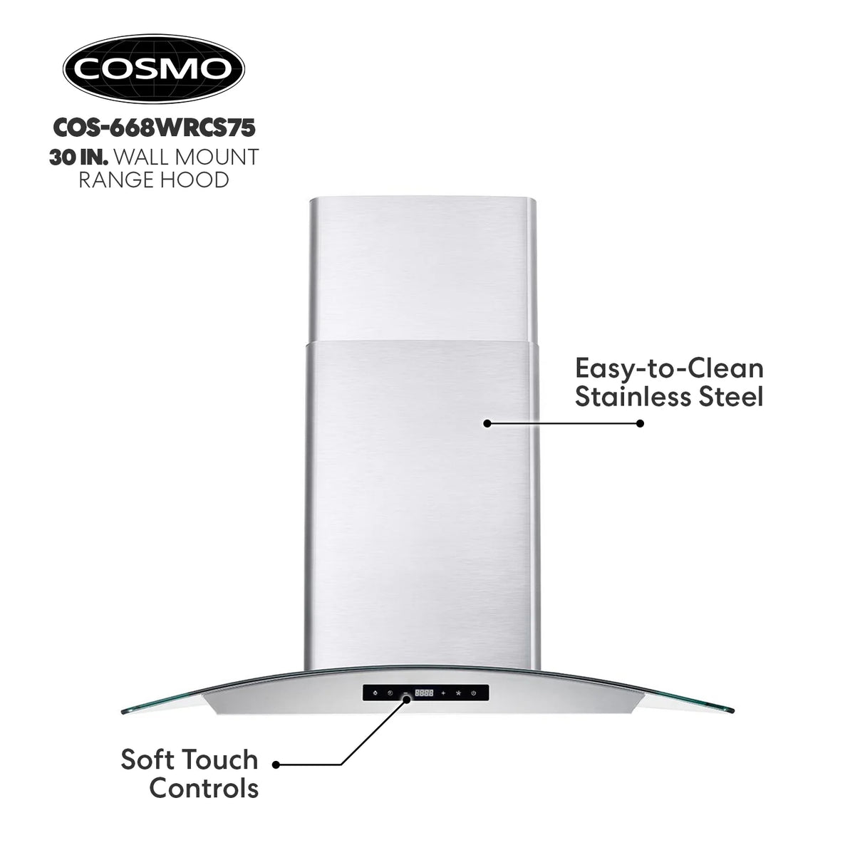 30 in. Vista Collection Ductless Wall Mount Range Hood, Button Controls, LED Lights, Stainless Steel