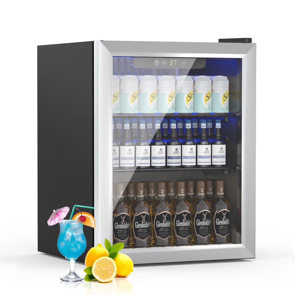 Compact 76 Can/1.7 Cubic Foot Beverage Fridge With Glass Door For Soda, Beer Or Wine, Under Counter Drinks Dispenser