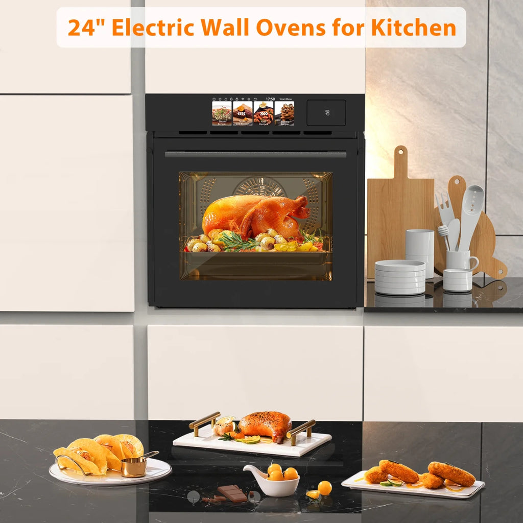 Garvee 24" Single Wall Oven with TFT Touch Display, 2.5 Cu.ft Convection Wall Oven, 8 Cooking Modes, 108 Smart Recipes, 3000W, 240V, Silver & Black