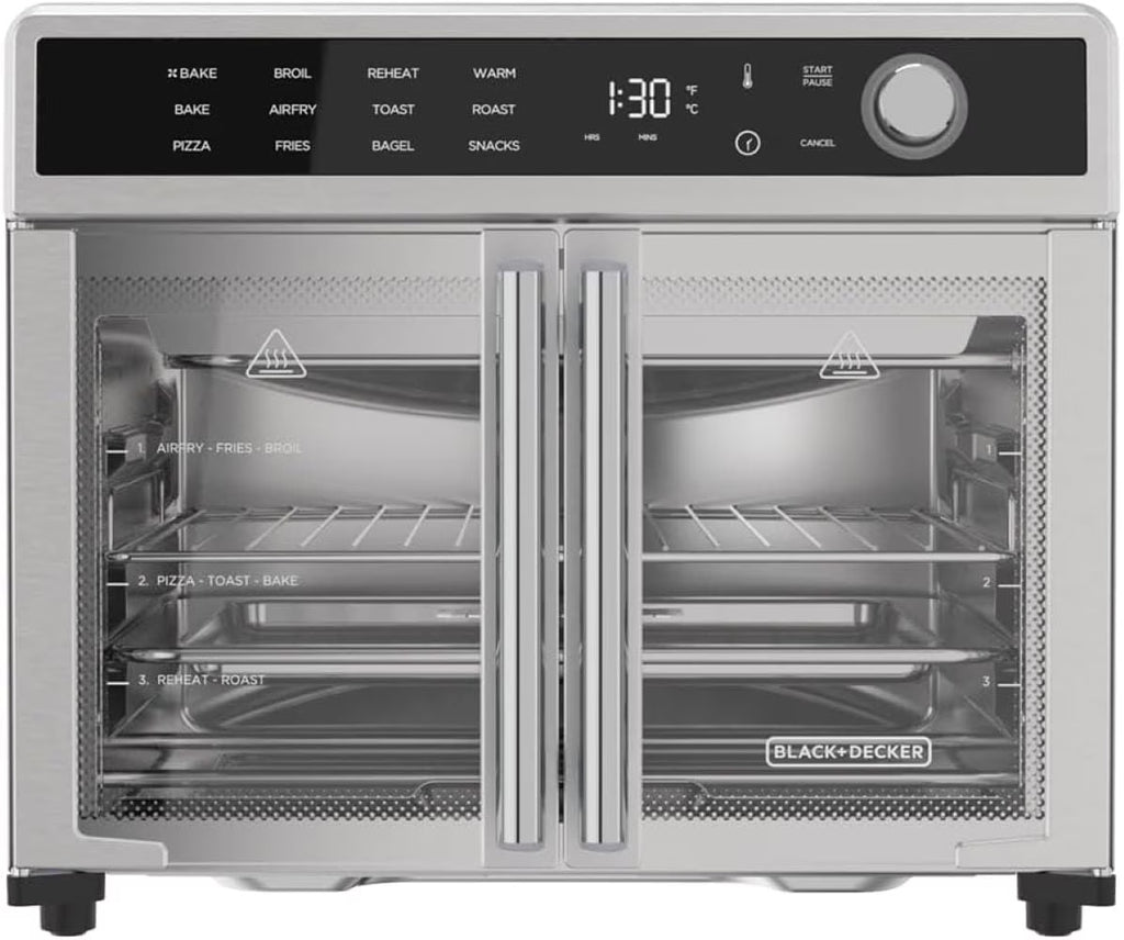 BLACK+DECKER Crisp 'N Bake Air Fryer Toaster Oven Combo, 12 in 1 Countertop Convection Oven Cooks Food Fast, Fits a Whole Pizza or 6 Toast Slices, French Doors with Stainless Steel Finish