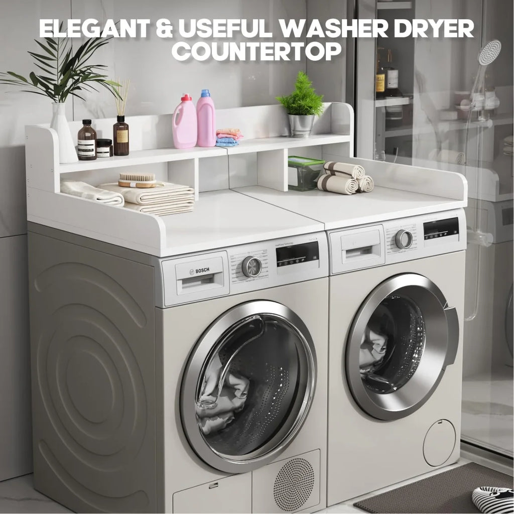 Wood 2-Tier Washer Dryer Countertop with 2.75" H Guard Rails, 54" W x 27.5" D Washer Dryer Topper with Non-Slip Pads for Laundry Room Organization and Storage, White