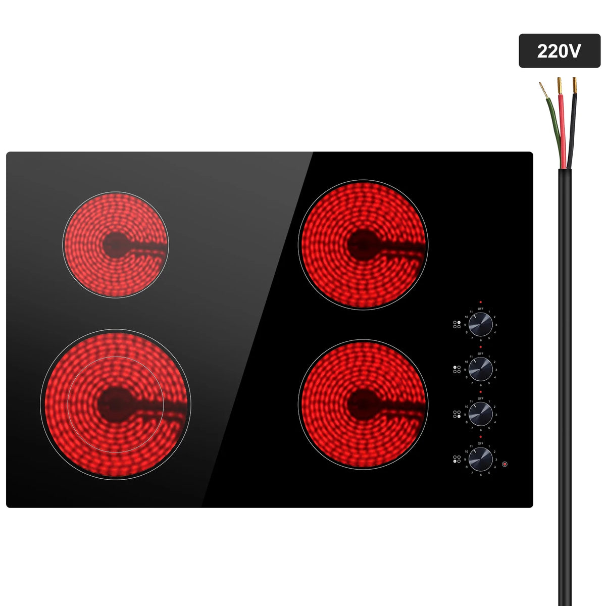KFFKFF Built-in 4 Burner Electric Cooktop, 7200W Electric Range, 30" Electric Cooktop with Glass Surface, Knob Control, 11 Temperature Settings, 220-240V, Direct Wiring Required